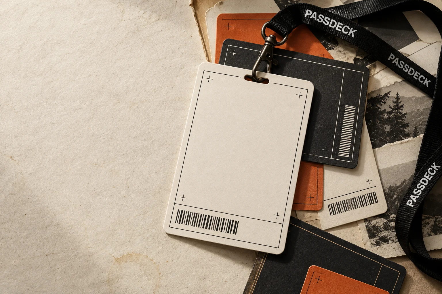 Printed passes and a black PASSDECK lanyard on a paper desk